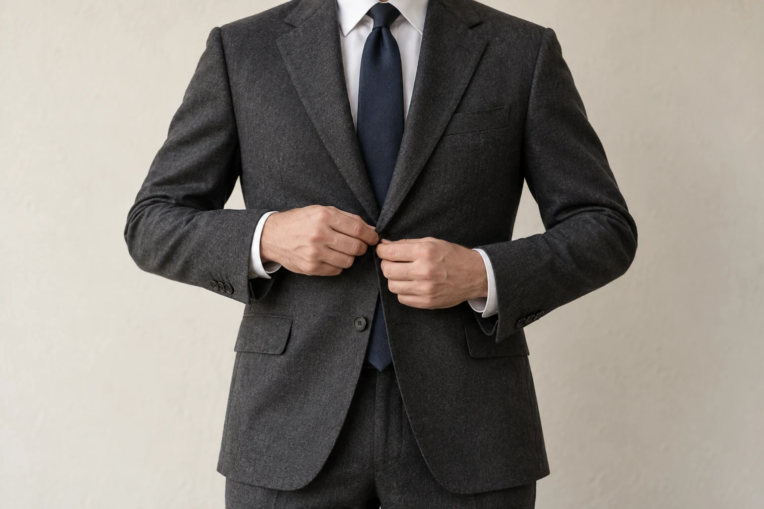 A man fastens the upper button of a charcoal two button suit while leaving the lower button open.