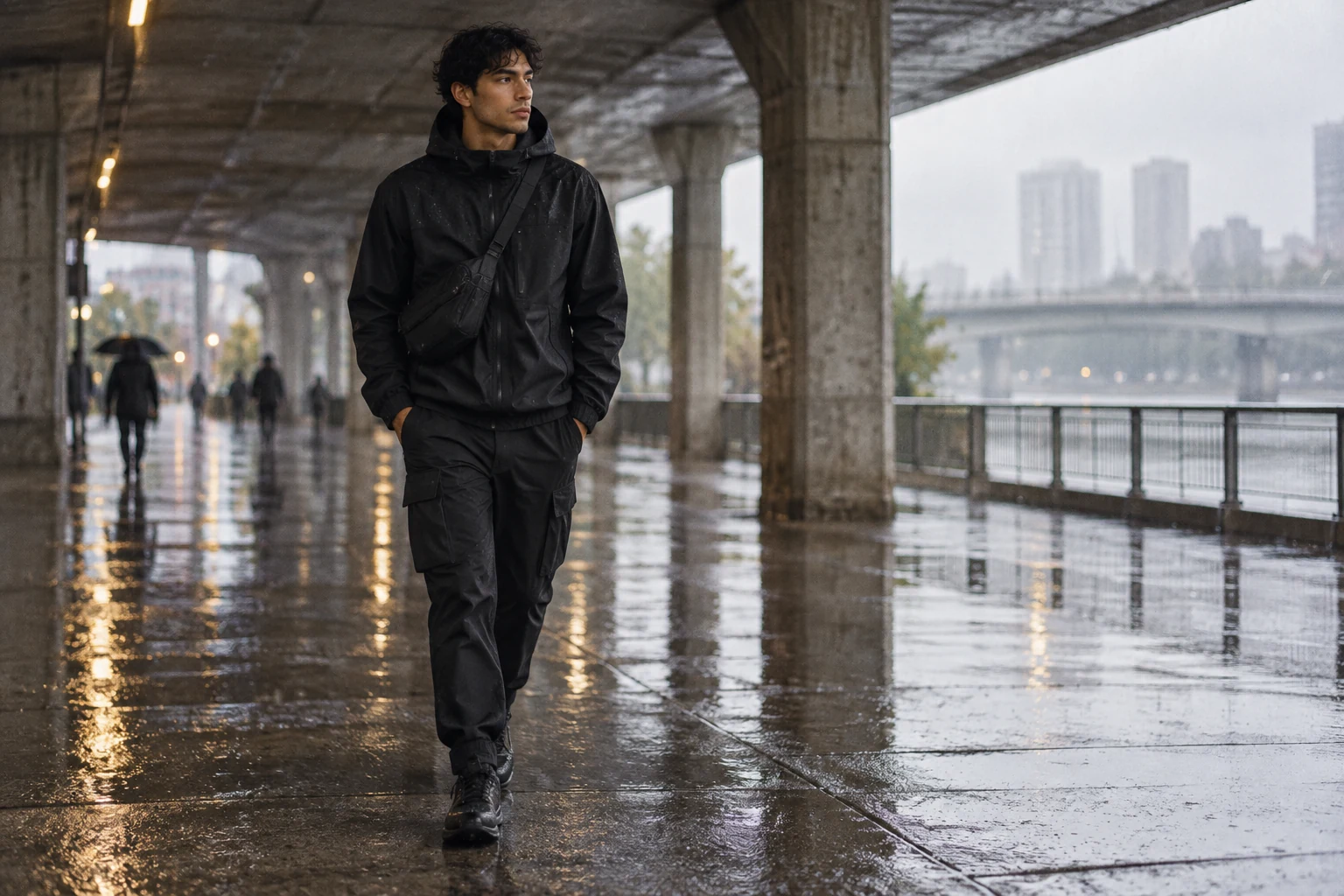 A young man in black technical outerwear walks beneath a concrete overpass on a rainy day.