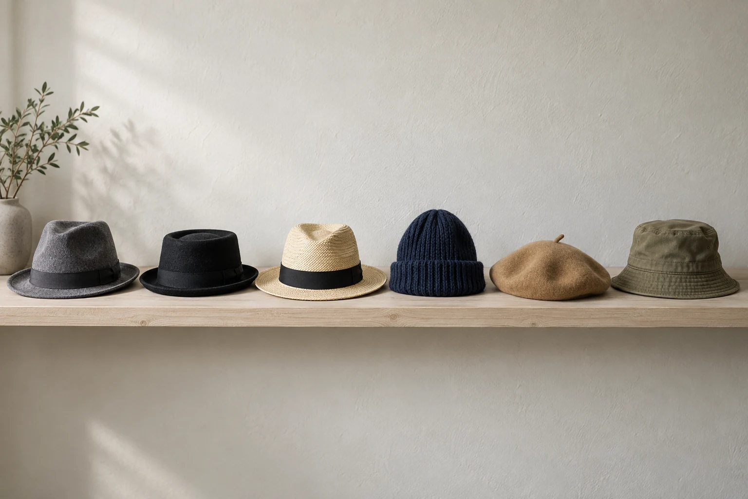 Six felt, straw, knit and cotton hats form a neat row on a pale wooden shelf.