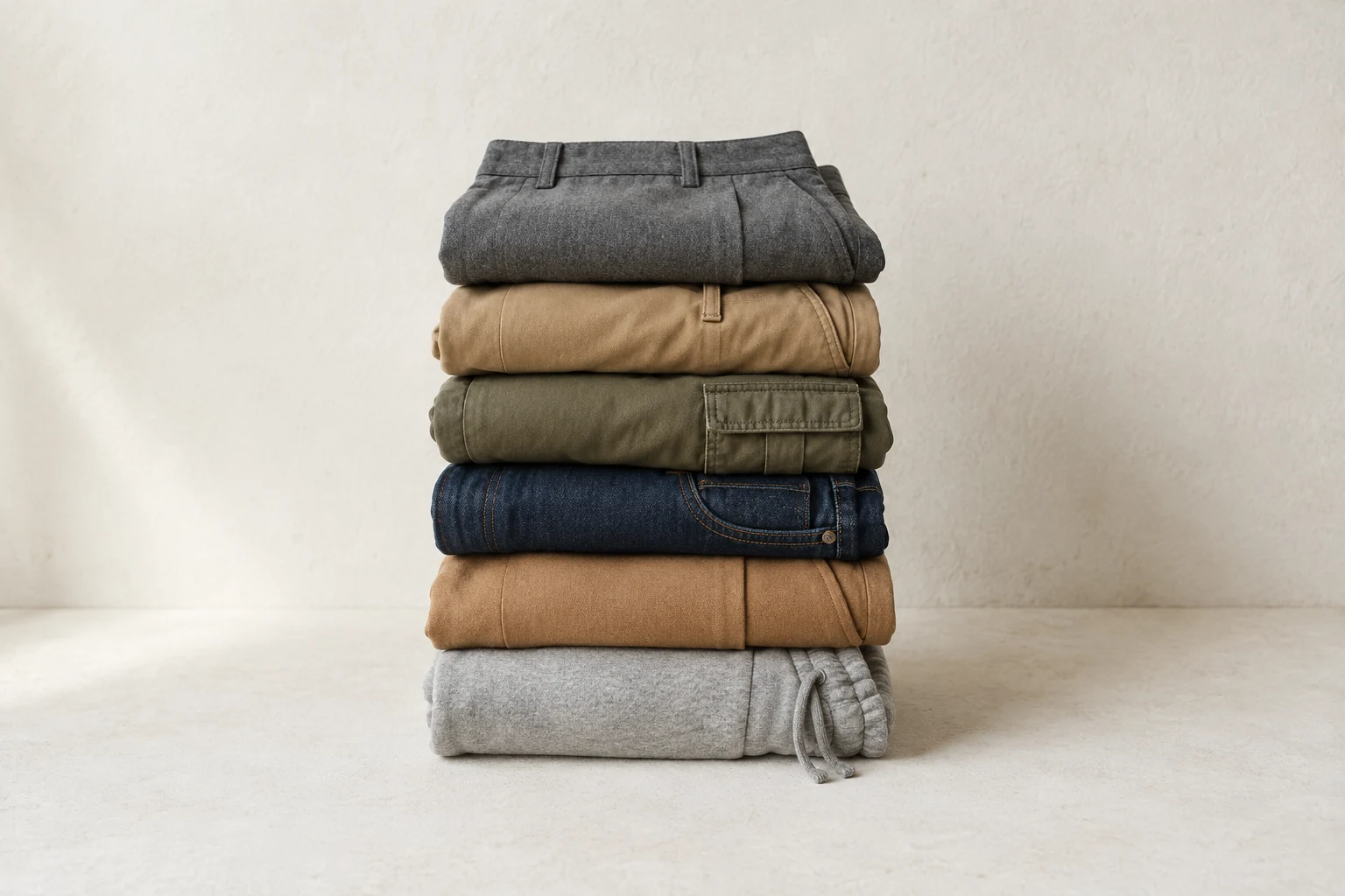 Six folded pants in wool twill canvas denim and knit fabrics form a centered stack on an off white surface.