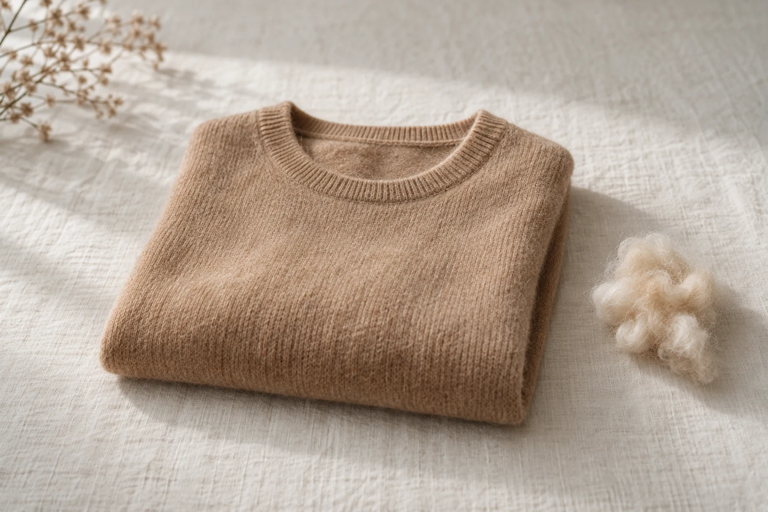 A folded camel cashmere sweater rests on off white linen beside a small tuft of raw fiber