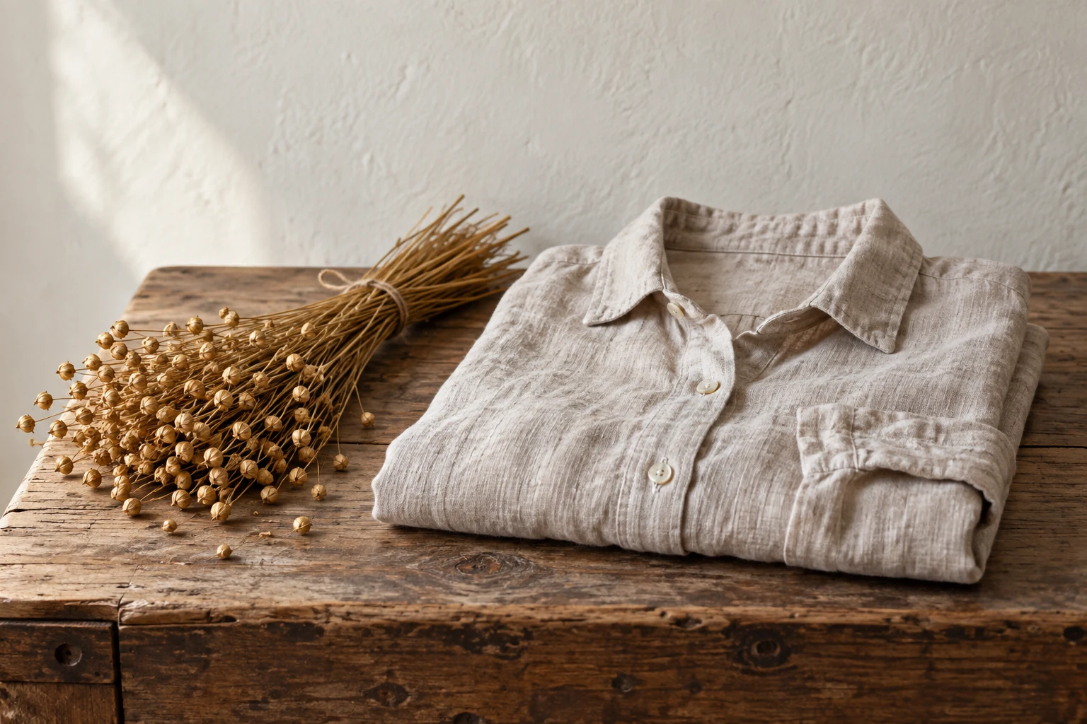A folded oatmeal linen shirt sits beside a tied bundle of dried golden flax on a rustic table