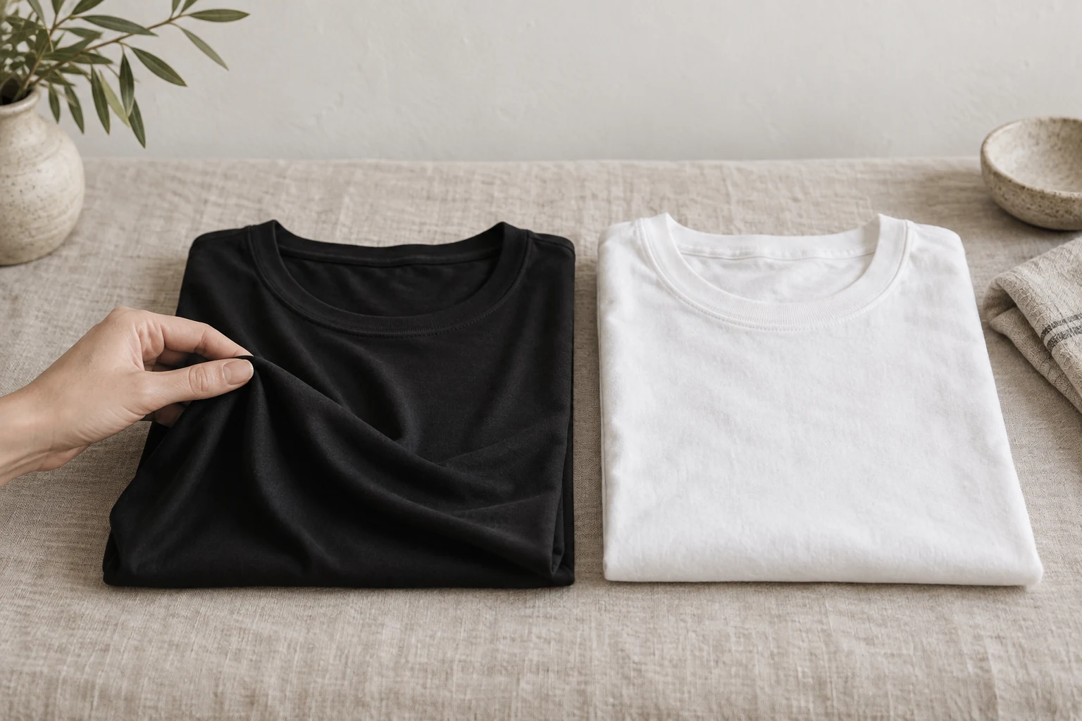 A hand lifts fluid black modal fabric beside a neatly folded white cotton shirt