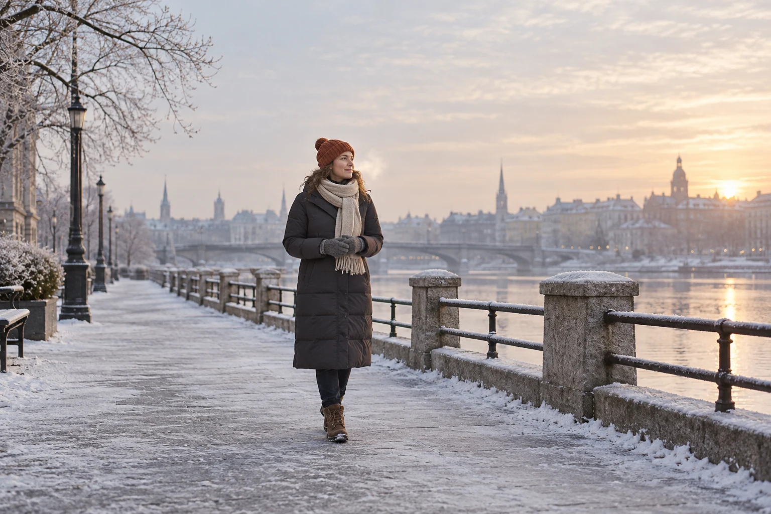 A warmly dressed woman walks beside a snowy river at sunrise in a charcoal coat rust beanie scarf and mittens.
