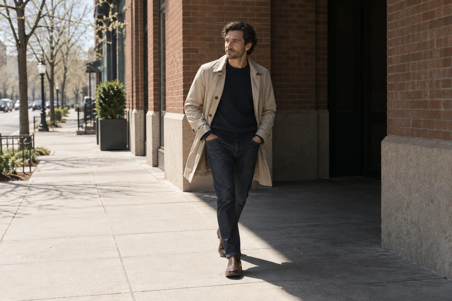 A man in an open stone trench navy sweater dark jeans and brown boots crosses from sun into shade.