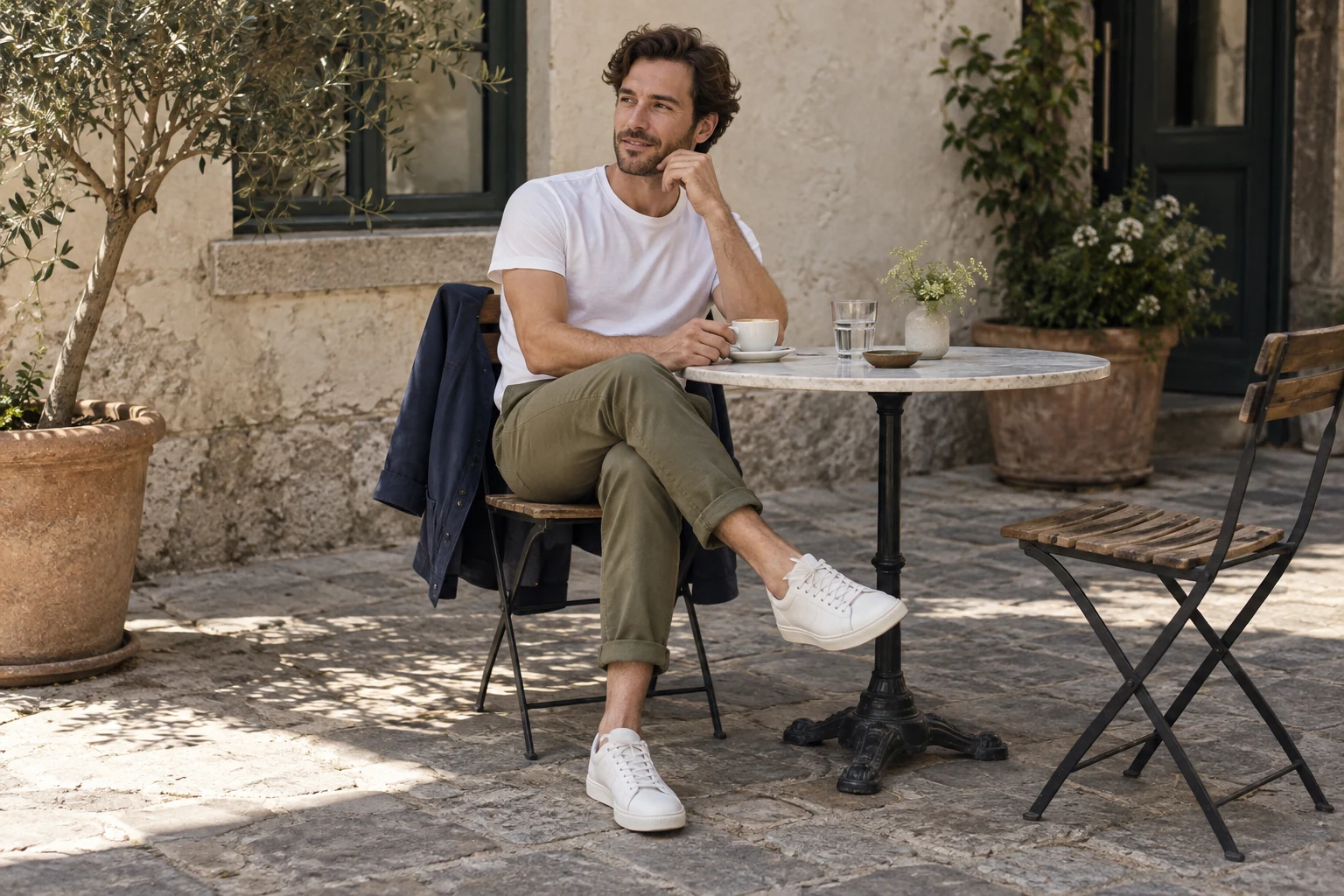 A man in a white shirt olive chinos and white sneakers sits at a sunny outdoor cafe table.