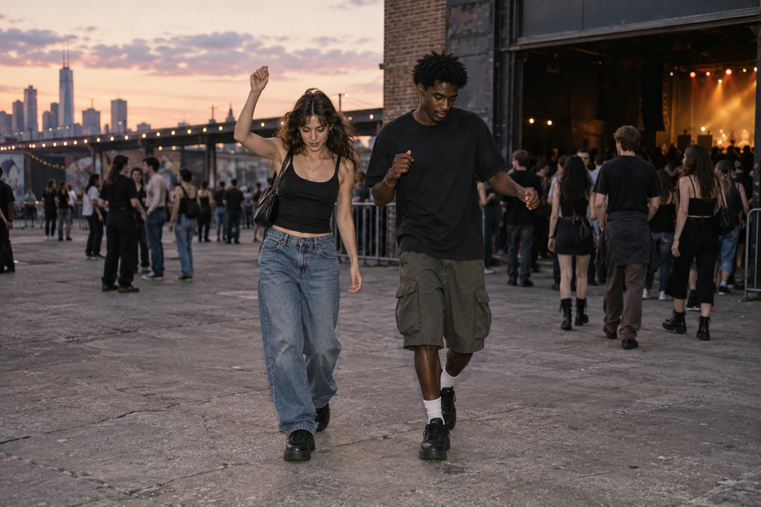 Two young friends dance in casual black tops and loose bottoms outside a concert venue at dusk
