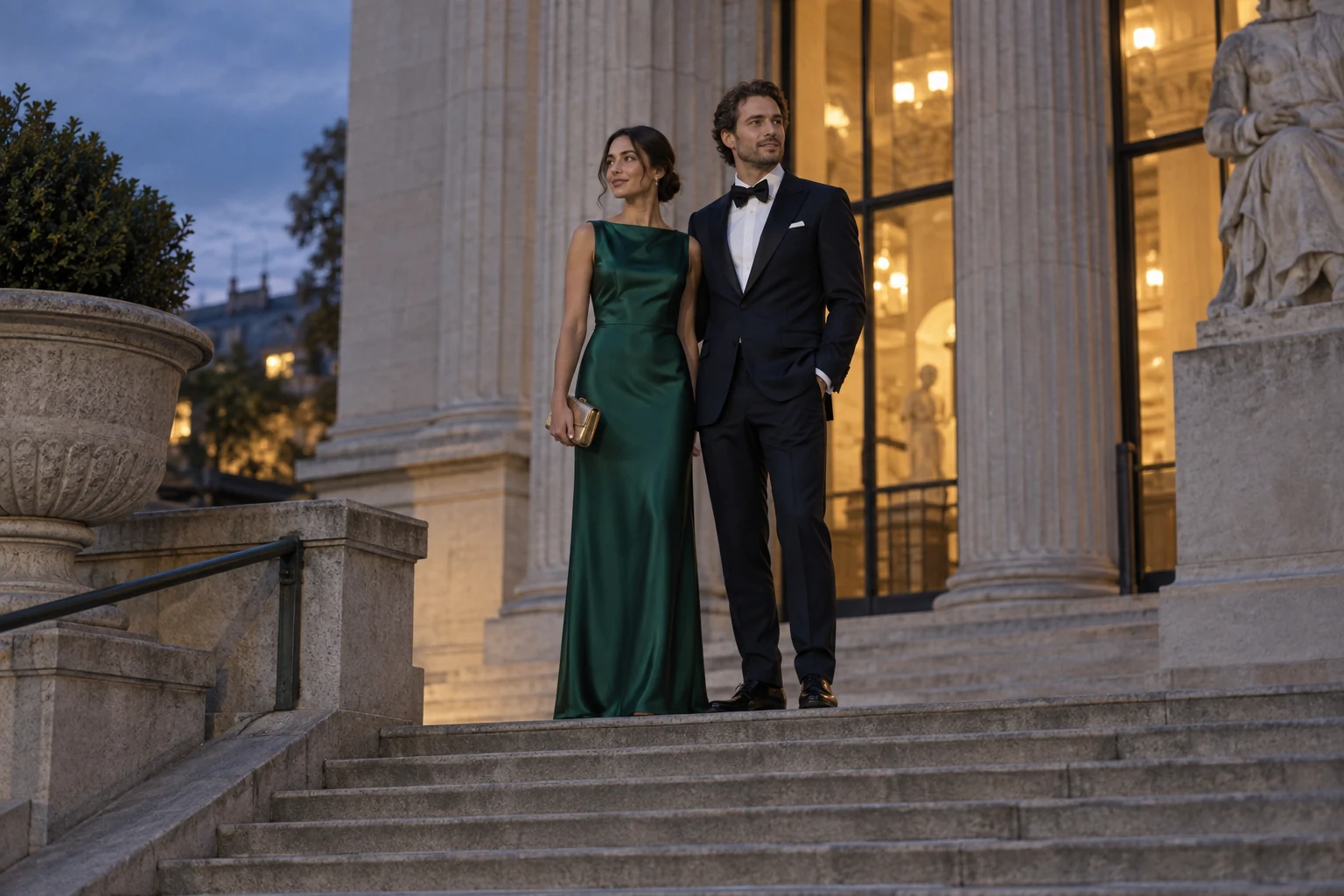 Two gala guests in an emerald satin gown and a midnight tuxedo stand atop museum steps at blue hour.