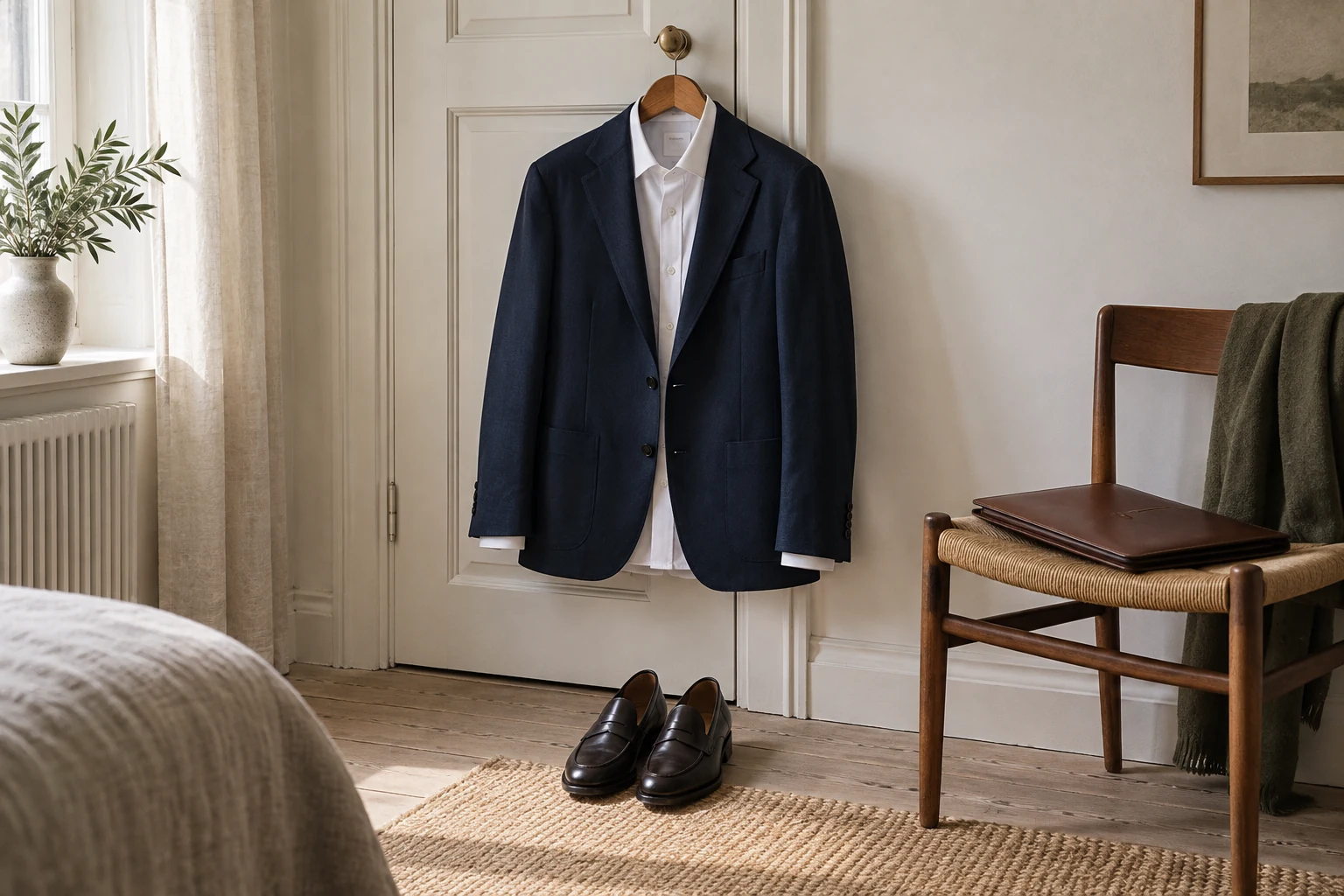 Navy blazer and white shirt hang above dark loafers beside a plain leather folder in a softly lit room