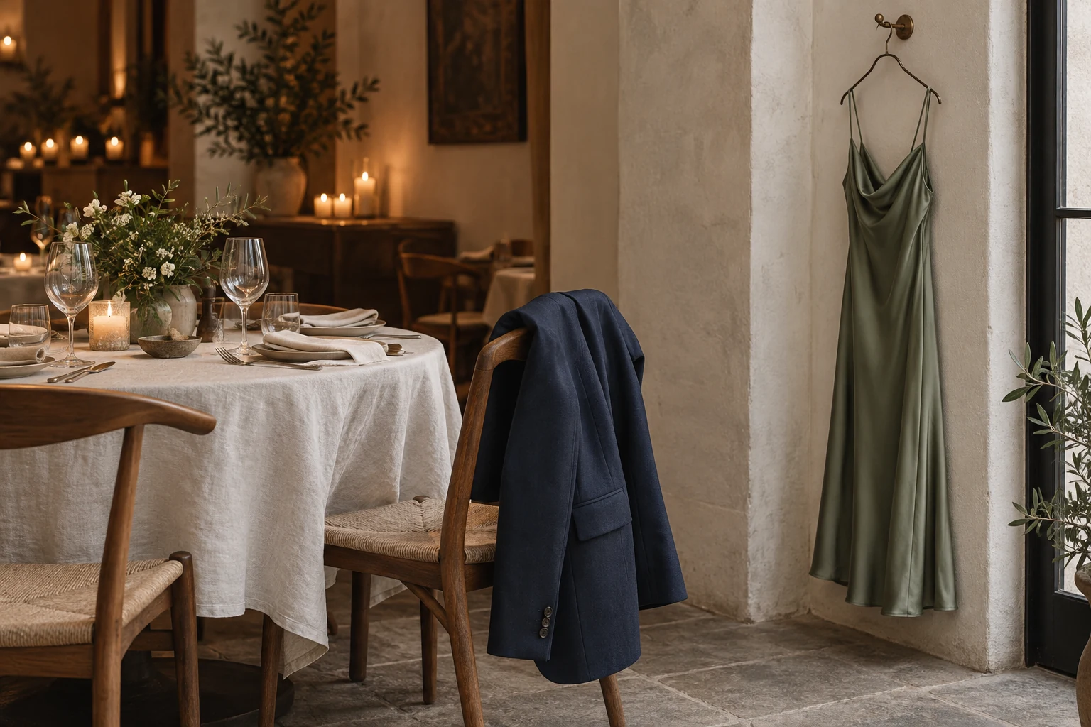 A navy blazer and sage silk dress rest beside an intimate candlelit restaurant table set with linen and glassware.