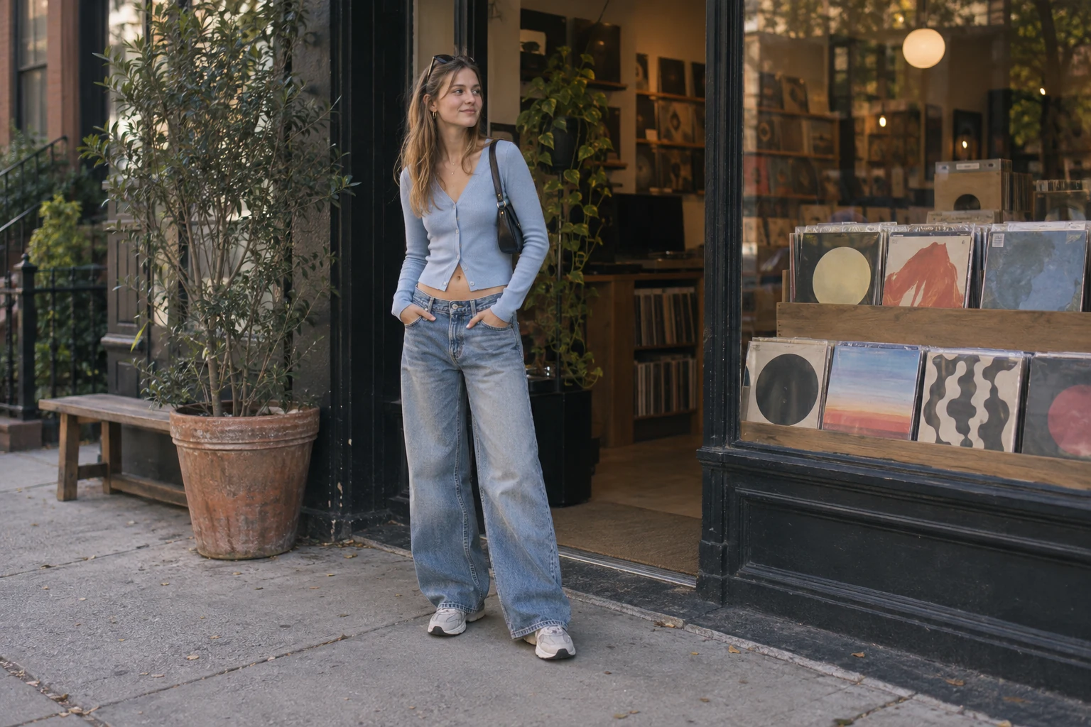 A young woman in a blue cardigan and wide jeans stands outside a record shop with abstract album covers.